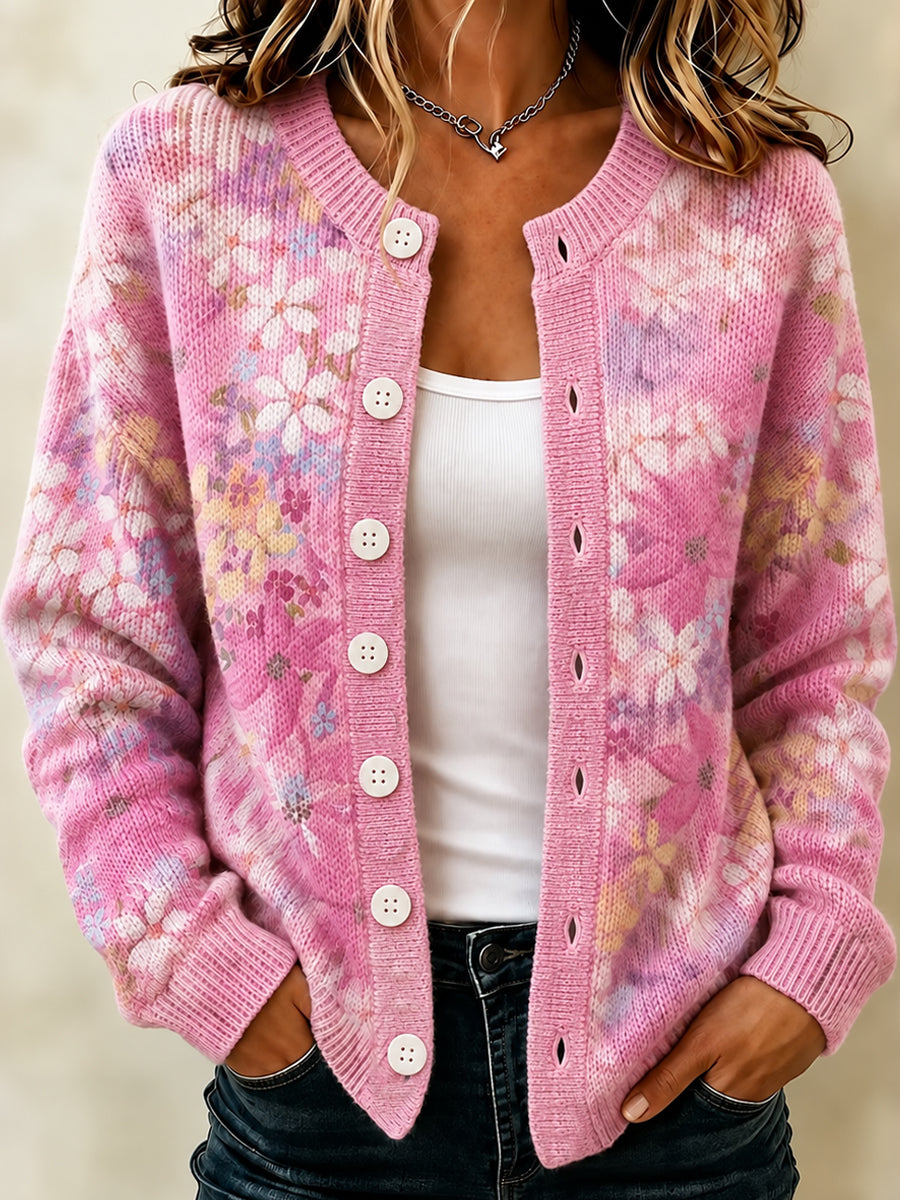 Cardigan rose pour la sensibilisation au cancer du sein chez les femmes, orné de fleurs roses