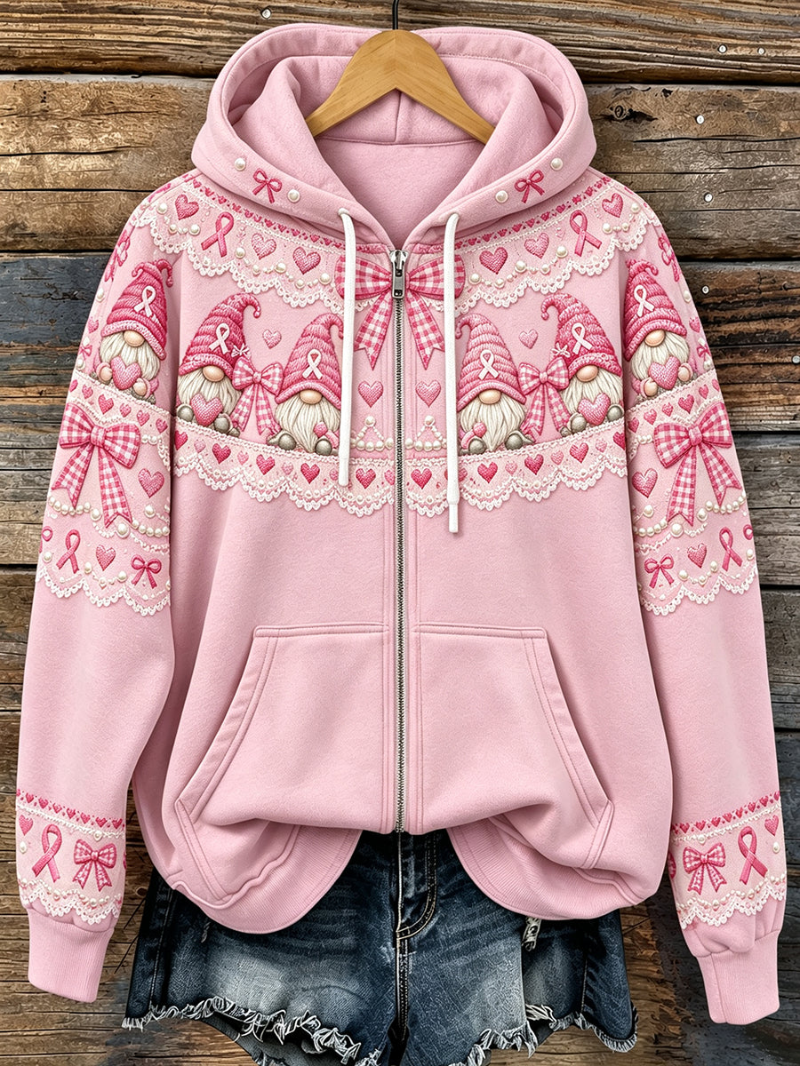 Sweat à capuche zippé confortable pour femme, imprimé de gnomes et ruban rose vintage