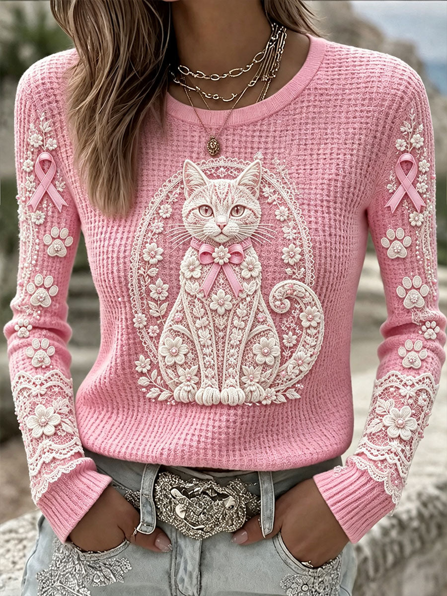 Hauts en maille gaufrée pour femmes, à motif de chat, pour la sensibilisation au cancer du sein