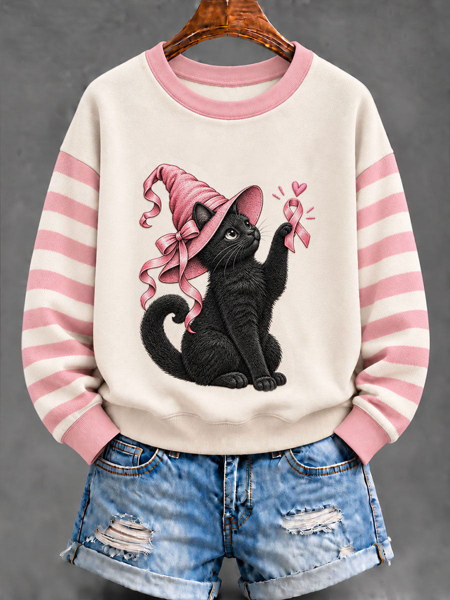 Sweat-shirt classique pour femme à ruban rose et motif chat noir