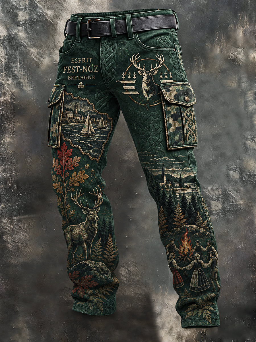 Pantalon de travail décontracté pour homme, vert, imprimé breton fest-noz