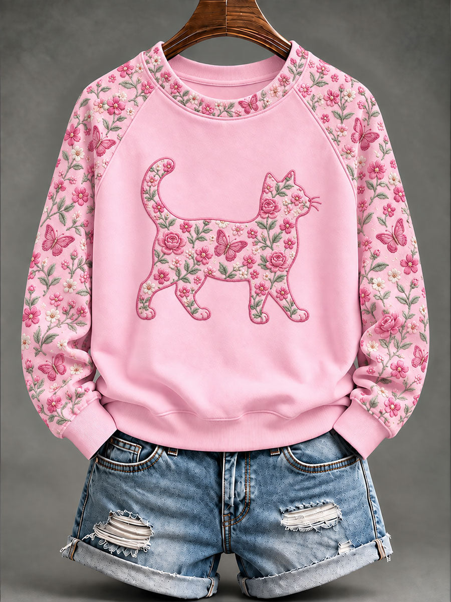 Sweat-shirt décontracté pour femme à imprimé floral et motif chat, pour le cancer du sein