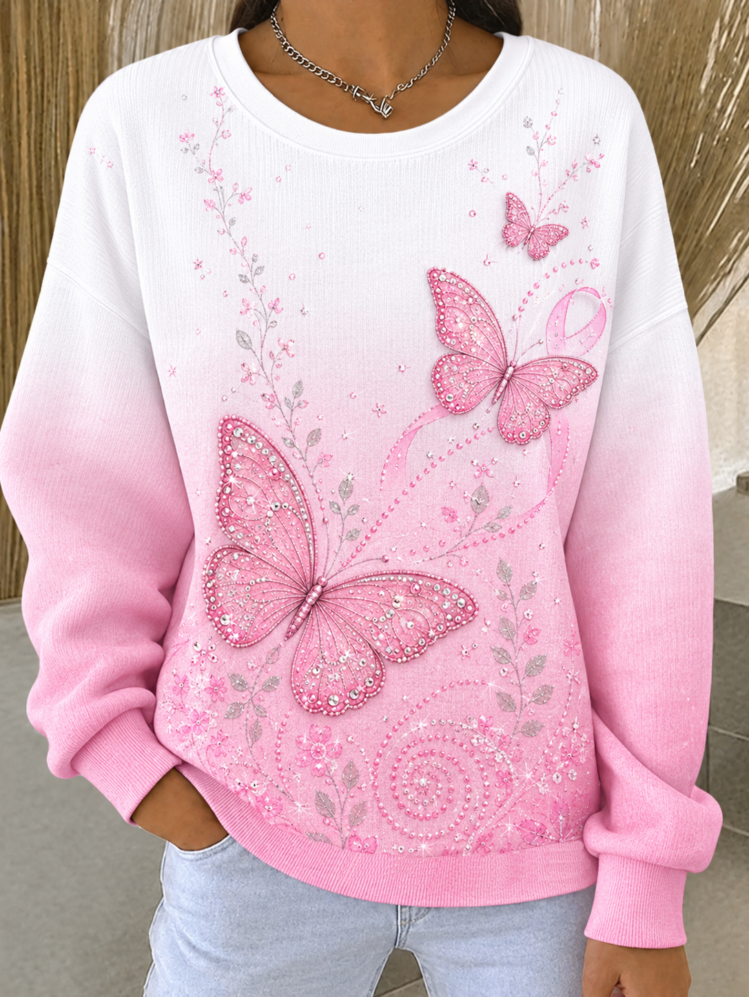 Sweat-shirt à col rond côtelé pour femmes, motif cancer du sein