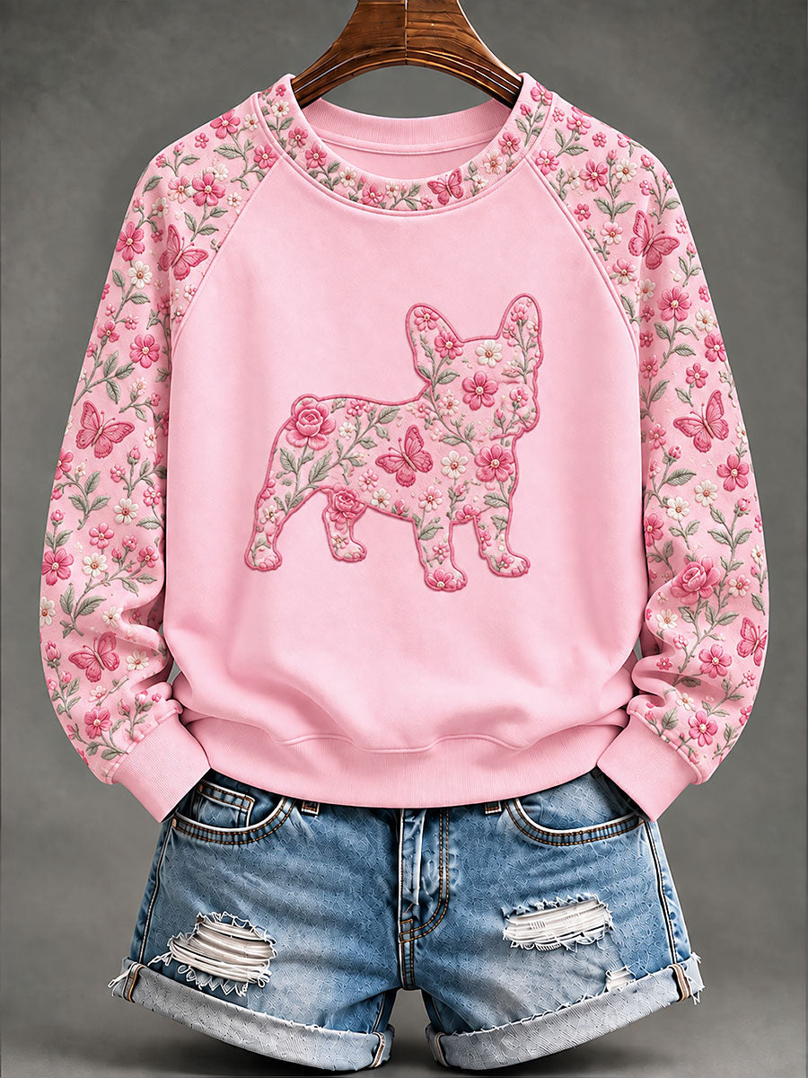 Sweat-shirt décontracté pour femme à imprimé floral et motif bouledogue français sur le thème du cancer du sein
