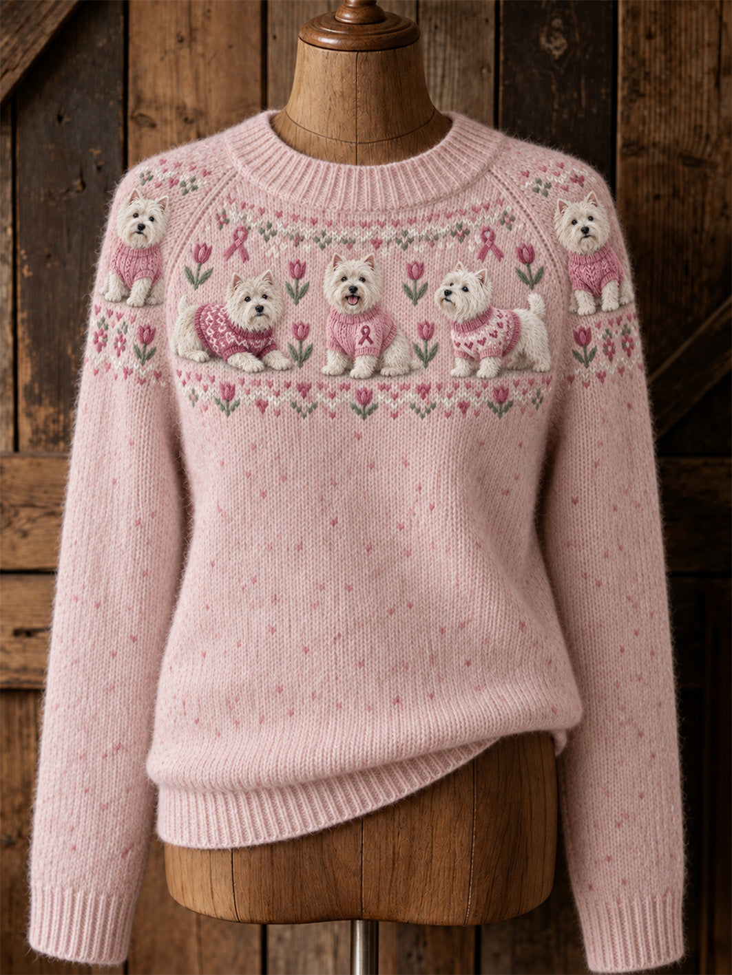 Pull décontracté à manches raglan pour femme, motif chien et ruban rose de la solidarité