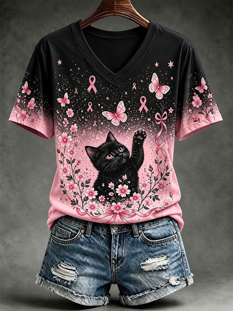 T-shirt décontracté à imprimé chat pour la sensibilisation au cancer du sein chez les femmes