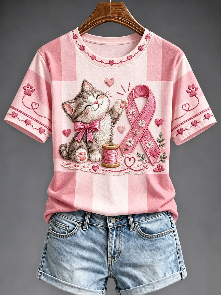 T-shirt imprimé artistique rose de sensibilisation au cancer du sein chez la femme