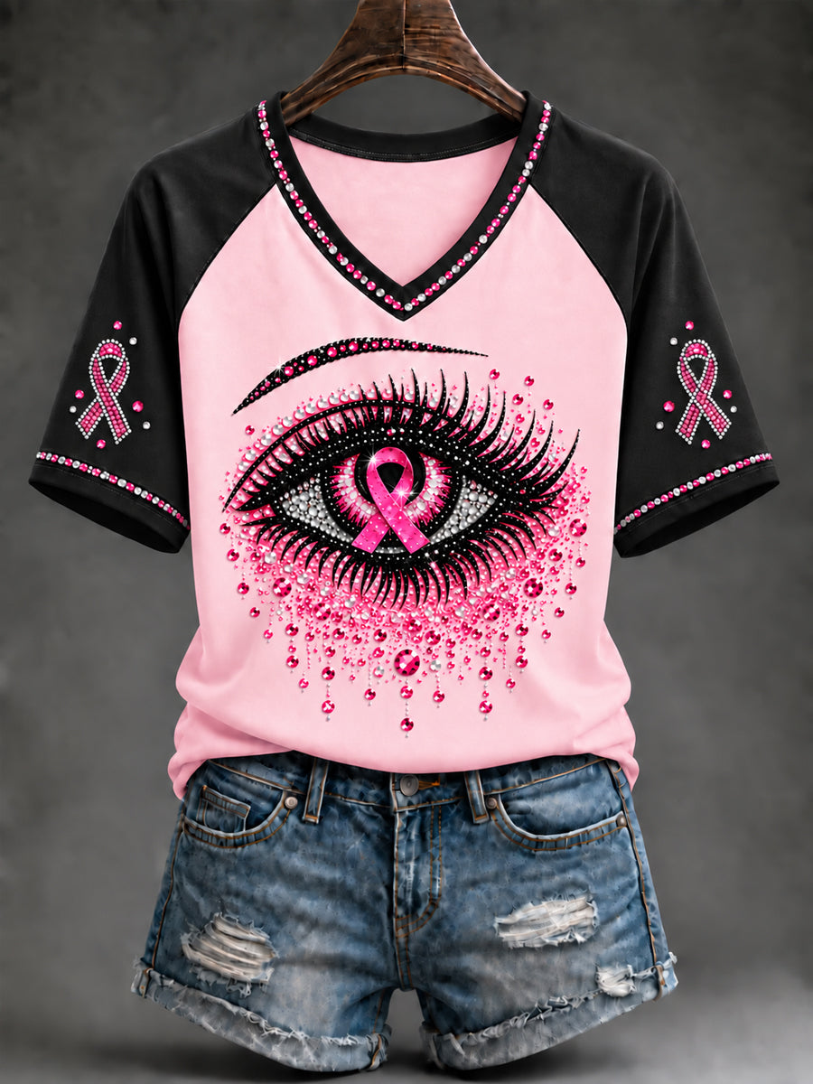 T-shirt à manches courtes rose en soutien à la sensibilisation au cancer du sein chez les femmes