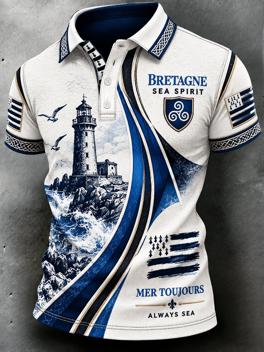 Polo décontracté pour homme à imprimé phare de Bretagne, style français
