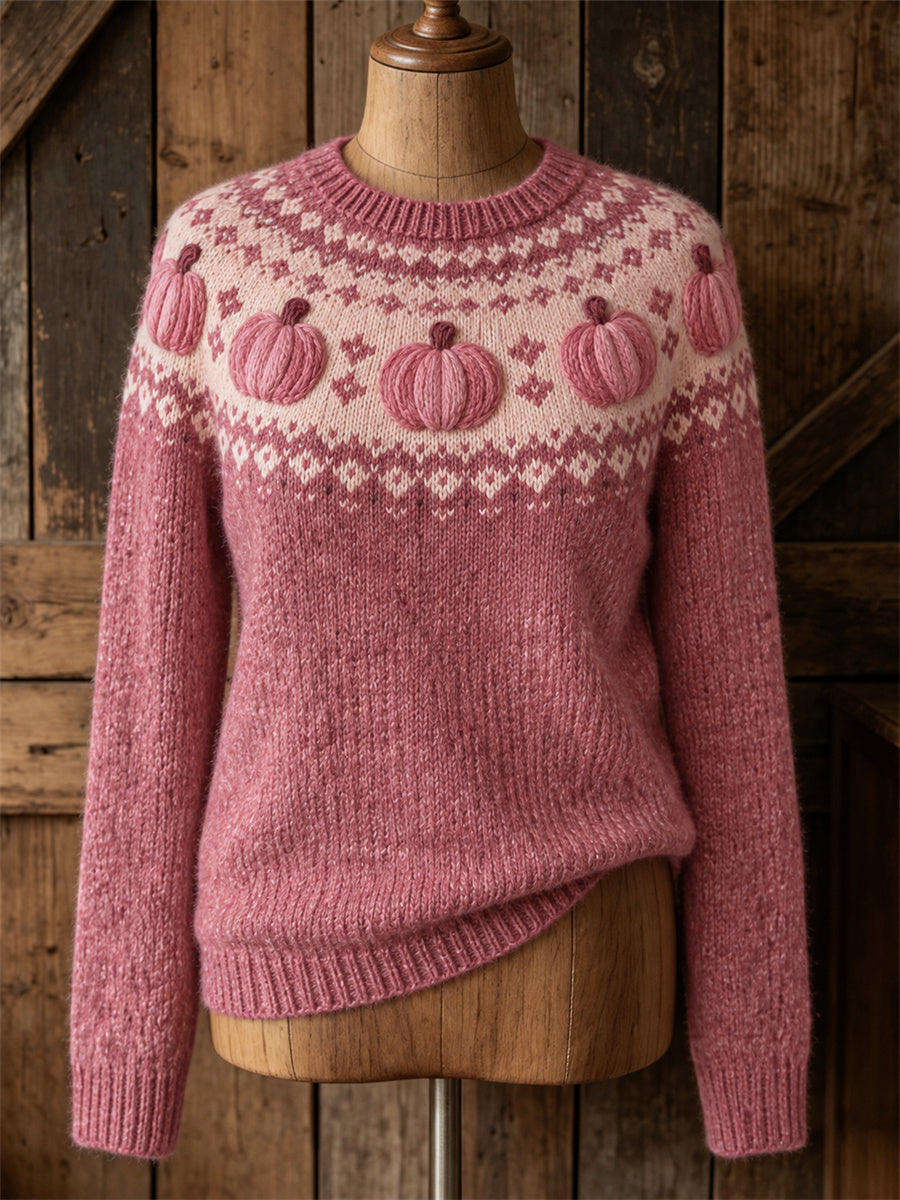 Pull col rond pour femme à motif d’île et citrouilles roses vintage