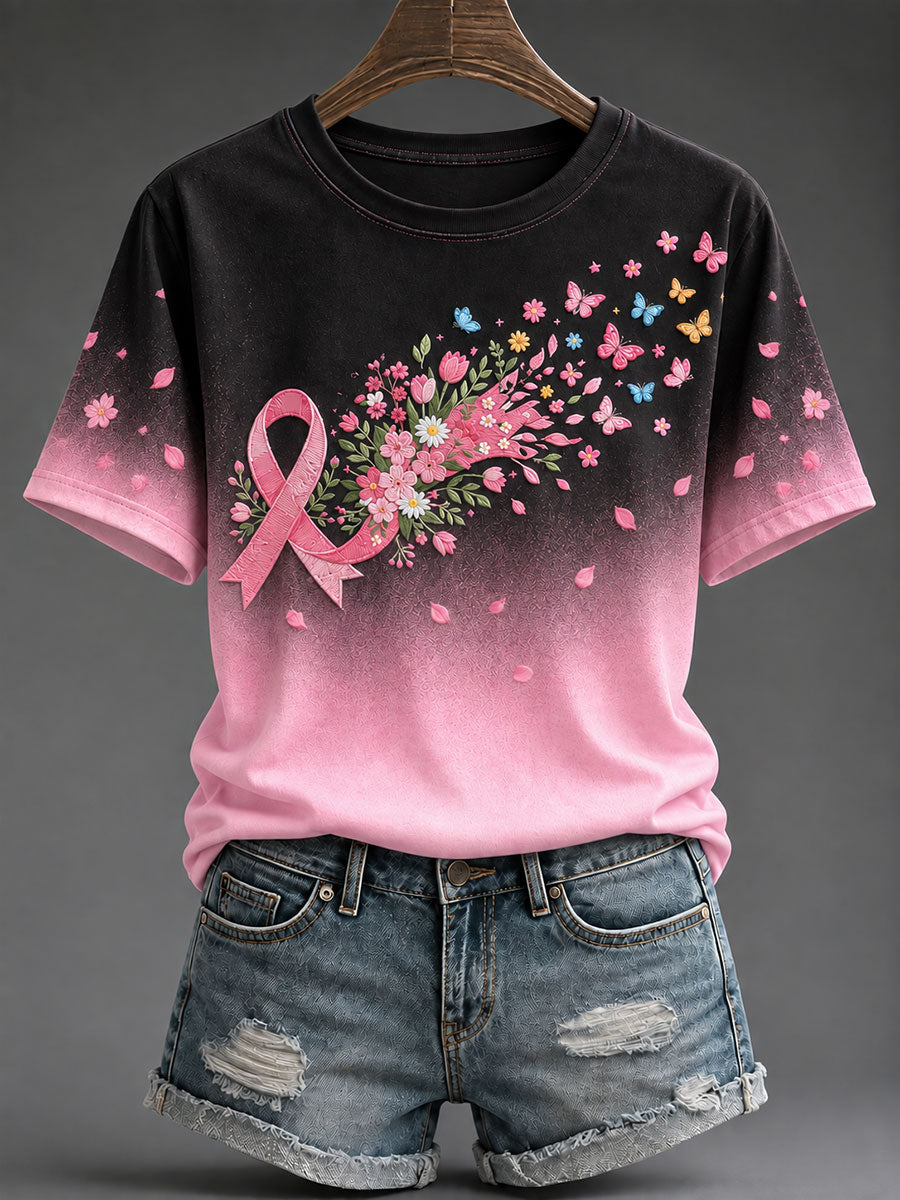 T-shirt rose à imprimé papillons pour la sensibilisation au cancer du sein, modèle femme