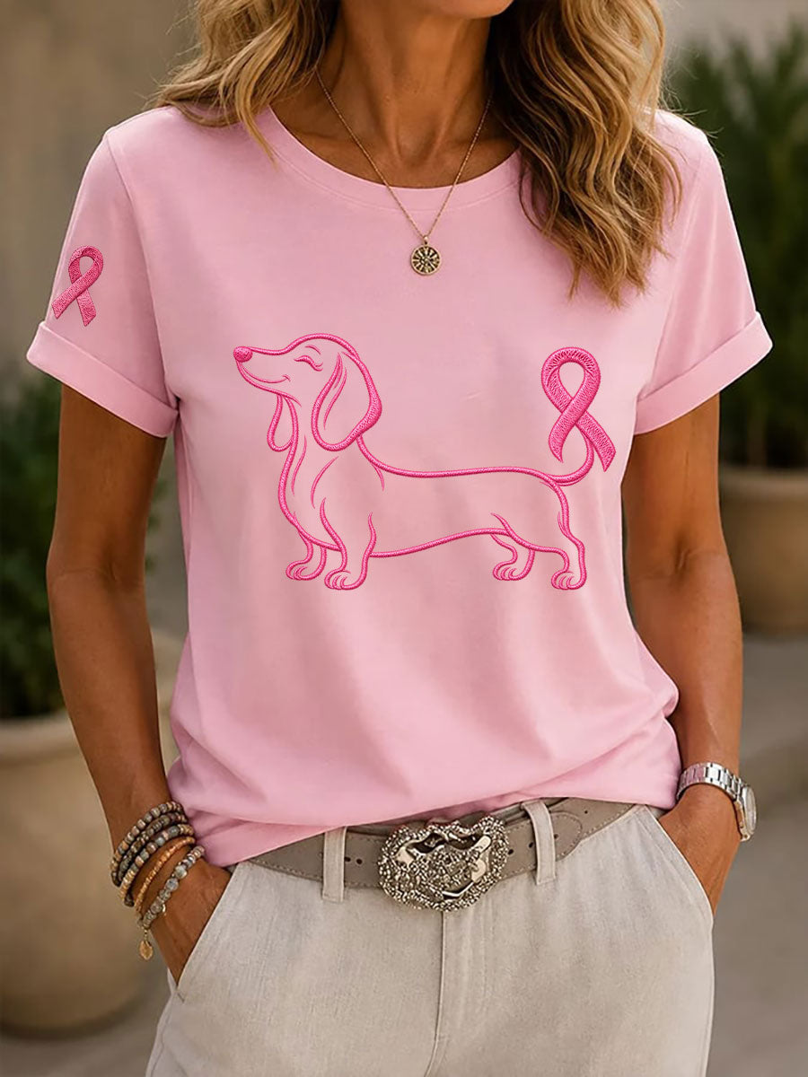 T-shirt décontracté à imprimé chien pour la sensibilisation au cancer du sein chez les femmes