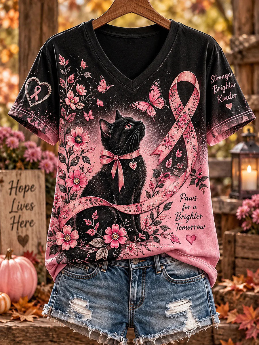 T-shirt décontracté à imprimé chat pour la sensibilisation au cancer du sein chez les femmes