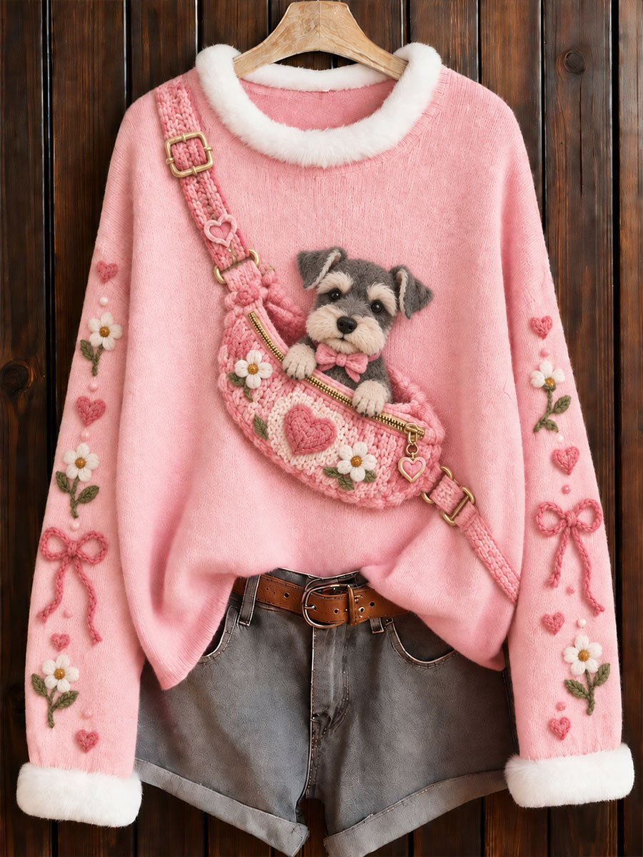 Pull à col rond rose avec imprimé schnauzer, en soutien à la sensibilisation au cancer du sein chez les femmes