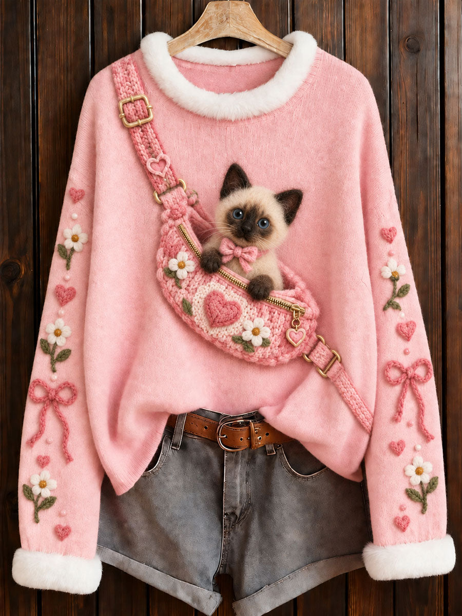 Pull à col rond rose avec imprimé de chat siamois, en soutien à la sensibilisation au cancer du sein chez les femmes