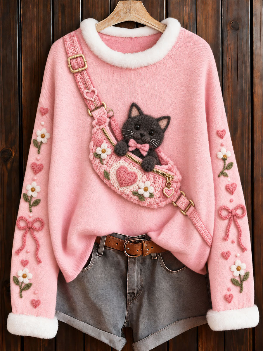 Pull à col rond rose pour la sensibilisation au cancer du sein, motif siamois avec chat noir