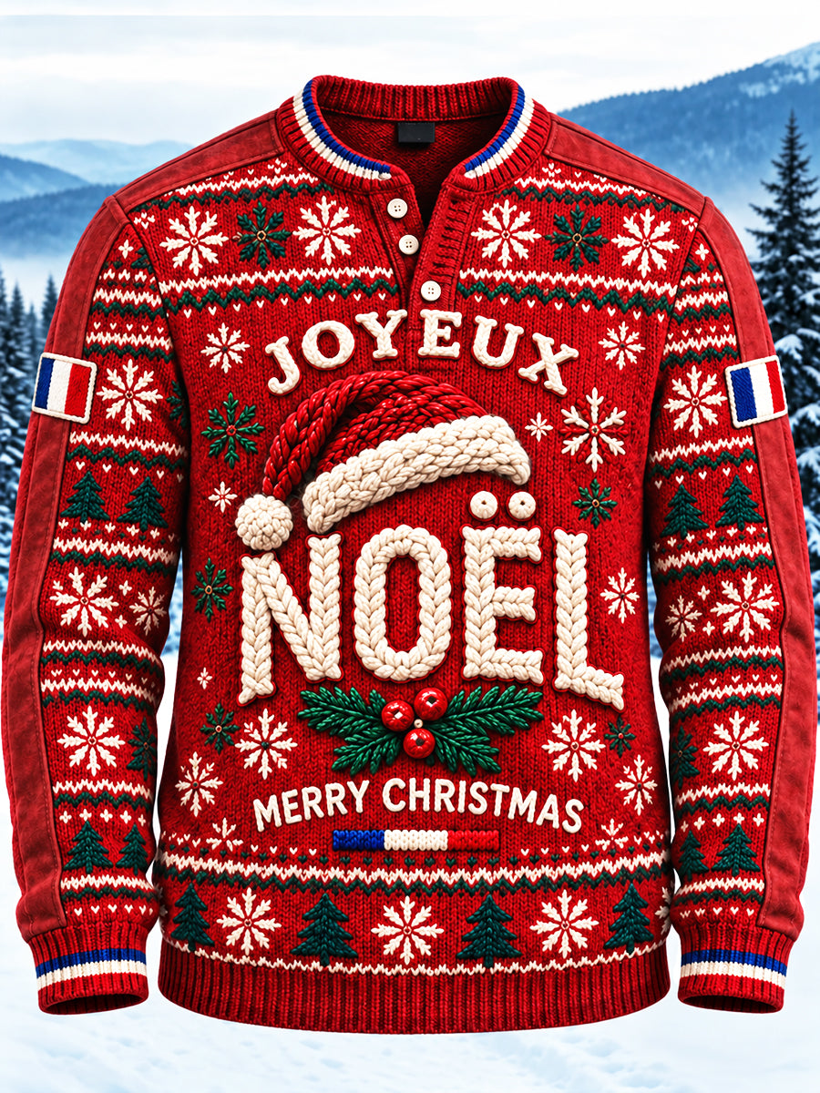 Sweat-shirt décontracté rouge à imprimé de Noël français pour homme