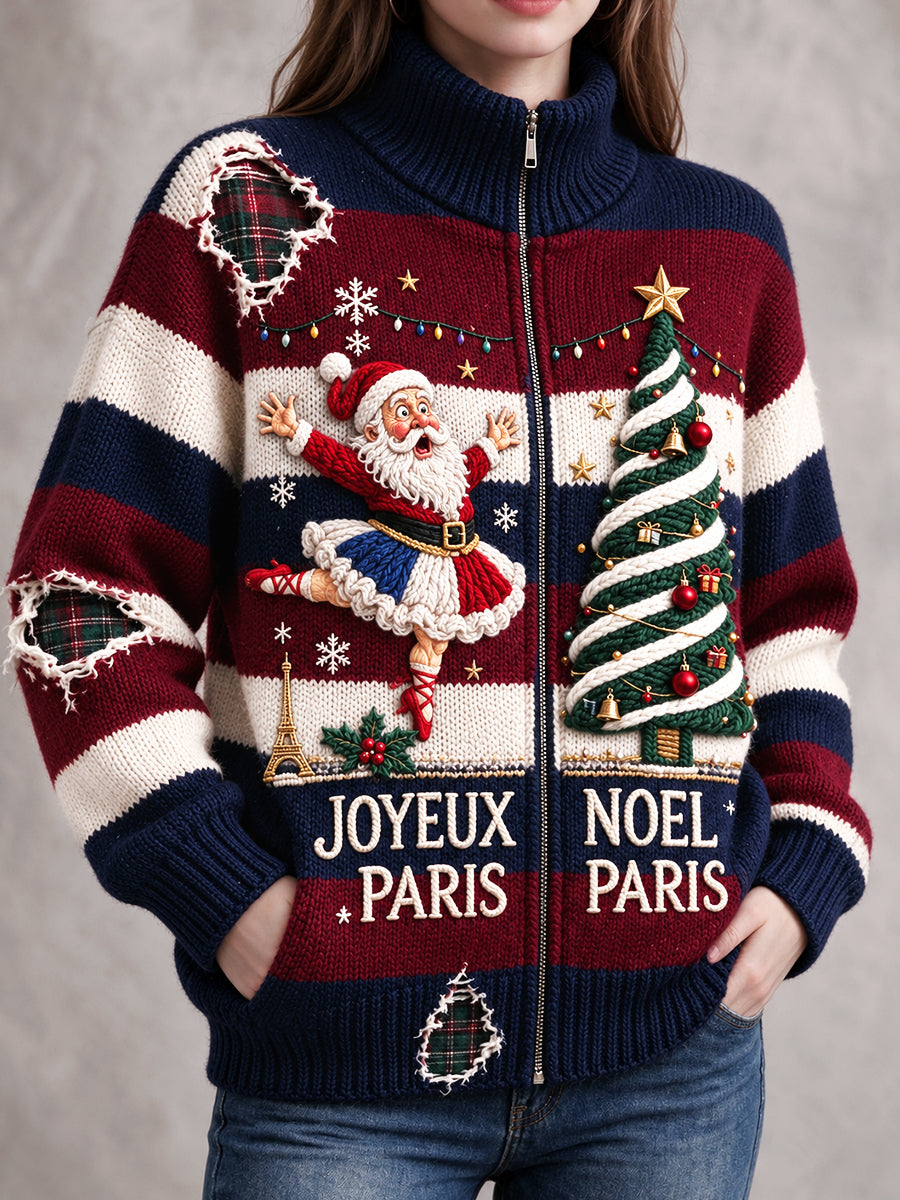 Veste zippée décontractée à imprimé rayé d’inspiration noël, style français pour femme