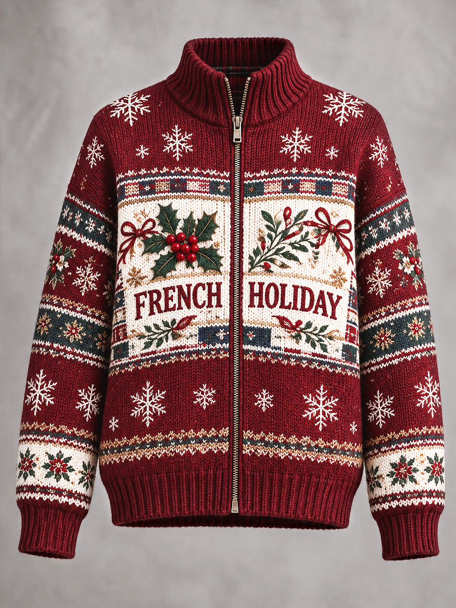 Veste zippée décontractée rouge à imprimé de Noël pour femme