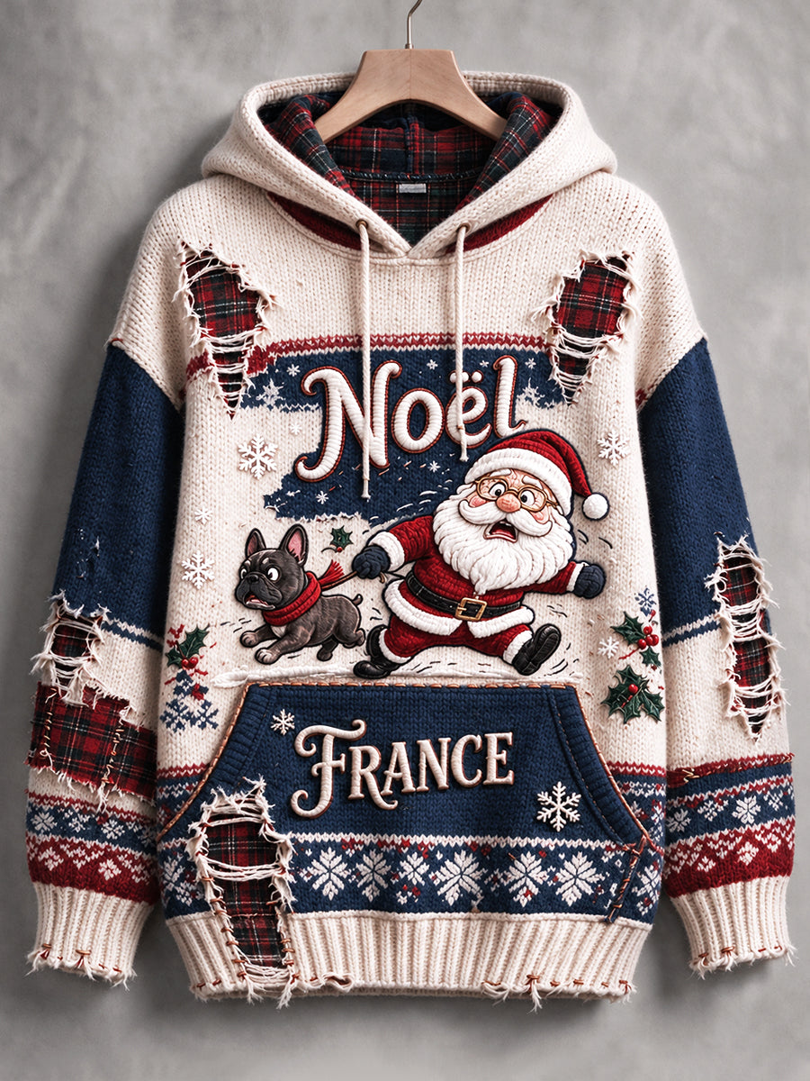 Sweat-shirt décontracté à capuche pour femme, imprimé patchwork de Noël français