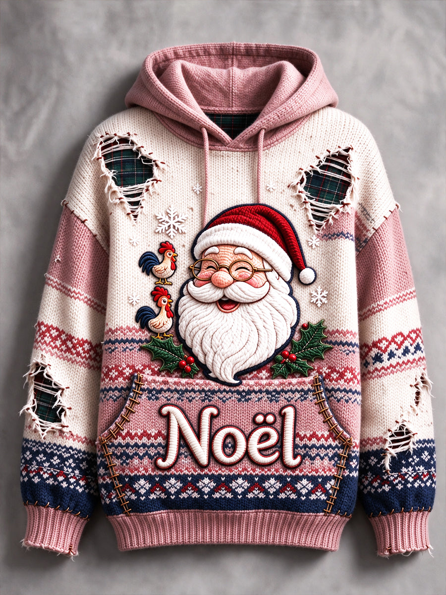 Sweat-shirt à capuche décontracté pour femme, imprimé patchwork vieilli, style Noël français