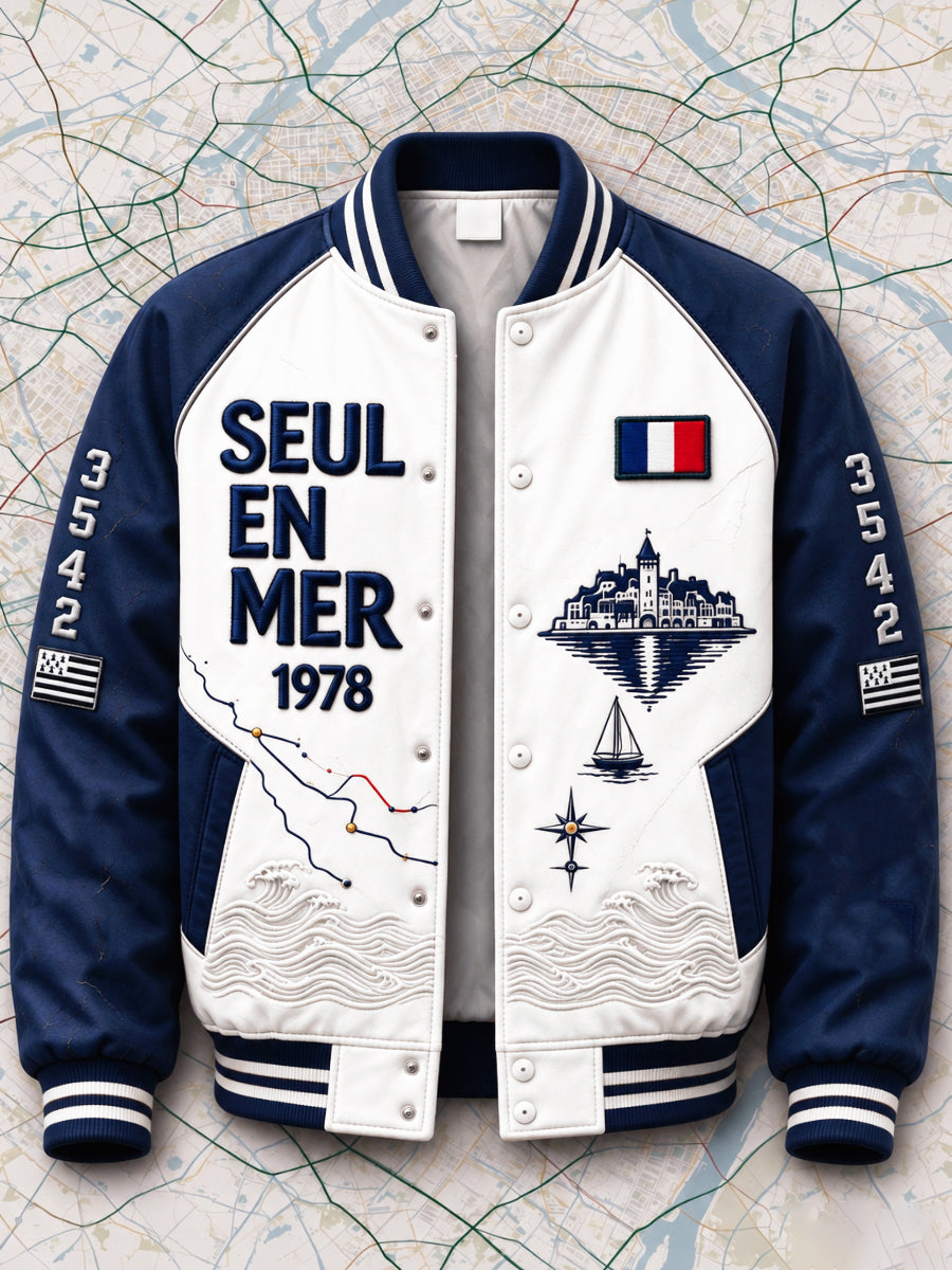 Blouson De Baseball Homme Blanc 'Route du Rhum' À Rayures Marinière Patchwork Imprimé