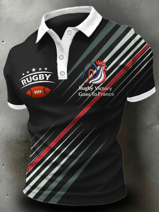 Polo Homme Manches Courtes Imprimé Rugby Rayé Patchwork