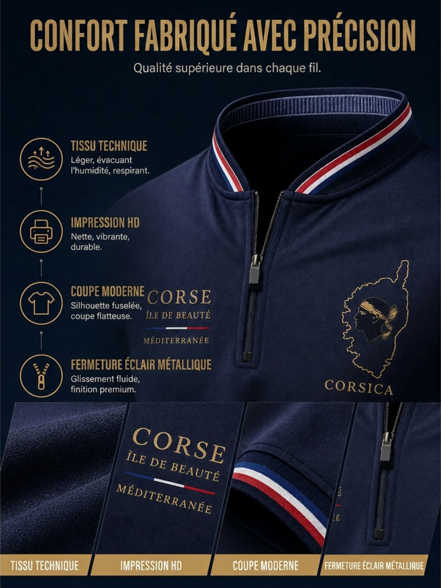 T-shirt manches courtes à fermeture Éclair pour homme, modèle Corse