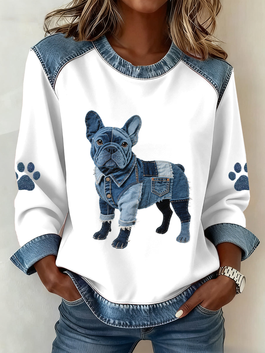 Femmes Belle Français Bulldog Motif Denim Patchwork Sweatshirt