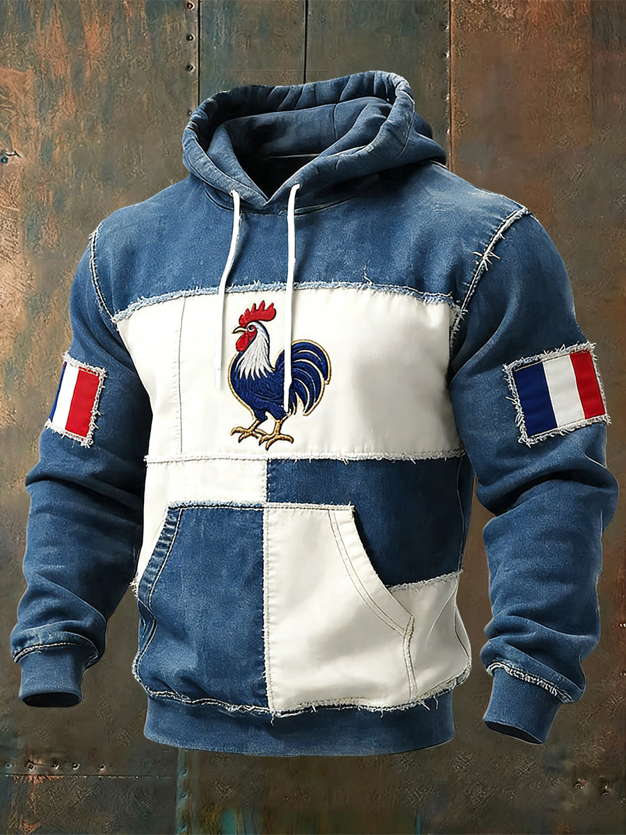 Sweat à Capuche Décontracté Rétro Drapeau Coq Français Patchwork