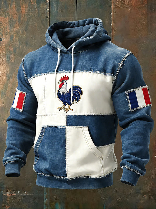 Sweat à Capuche Décontracté Rétro Drapeau Coq Français Patchwork