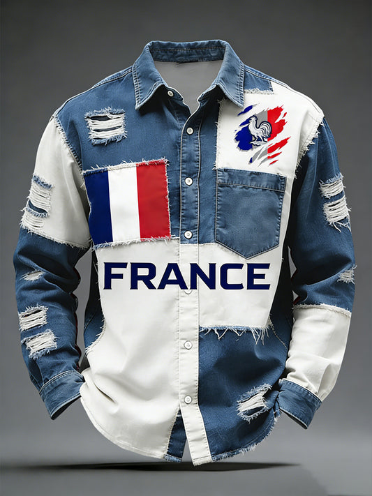 Rétro Drapeau Français Coq Patchwork Color-Block Casual Et Confortable Chemise