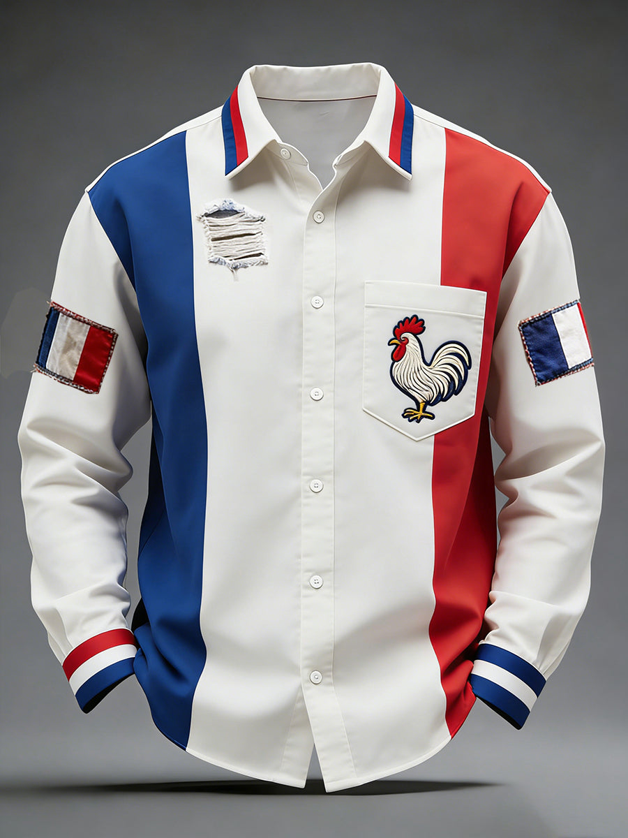 Rétro Drapeau Français Coq Patchwork Color-Block Casual Et Confortable Chemise