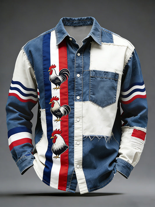 Rétro Drapeau Français Coq Patchwork Color-Block Casual Et Confortable Chemise