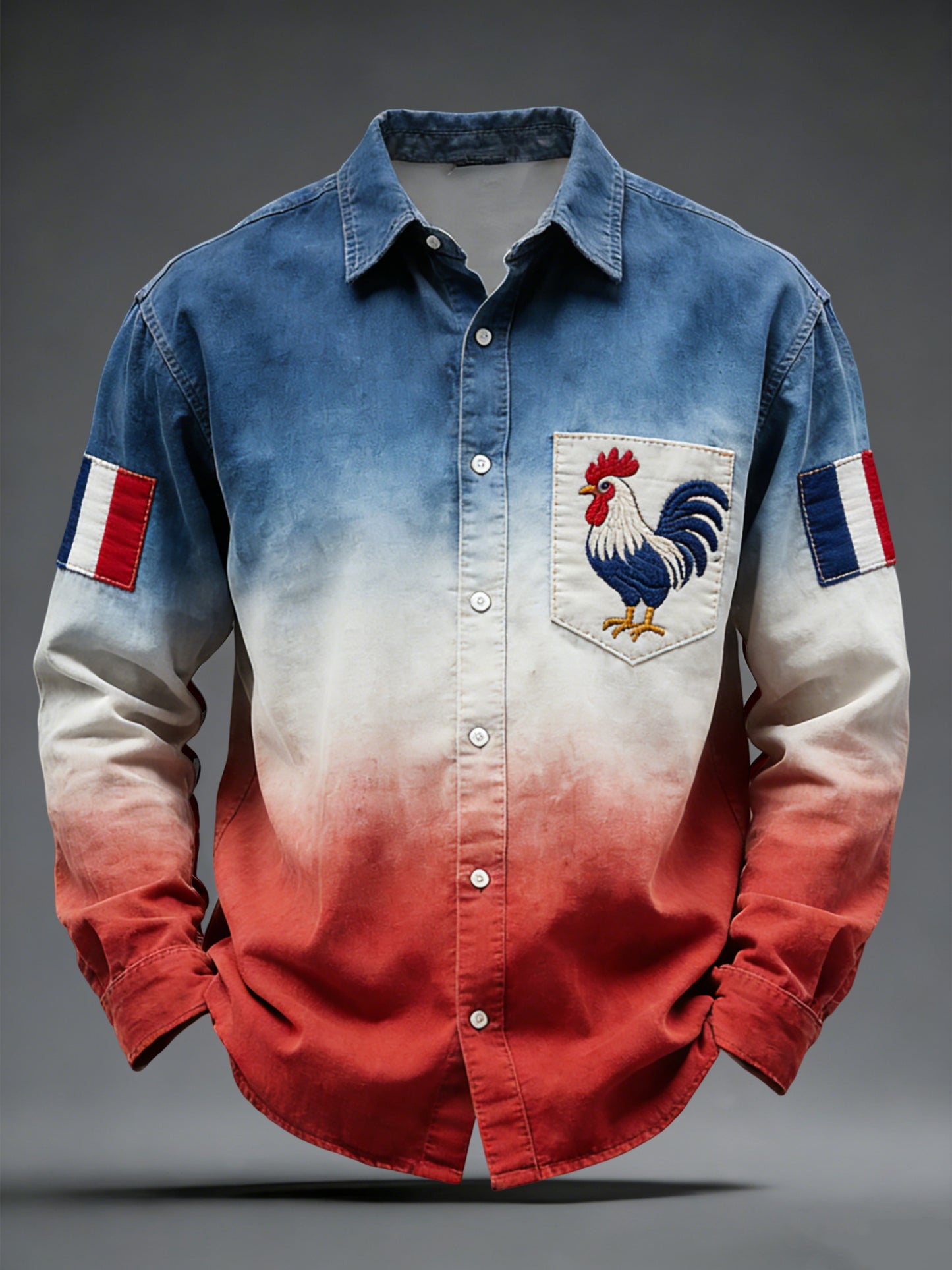 Chemise Décontractée Rétro Drapeau Français Coq Dégradé