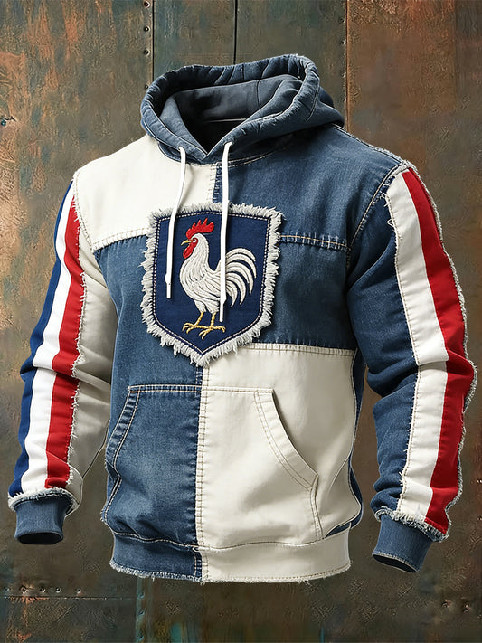 Sweat à Capuche Décontracté Rétro Drapeau Français Coq Emblème Patchwork