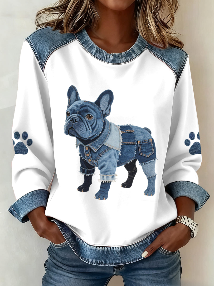 Femmes Belle Français Bulldog Motif Denim Patchwork Sweatshirt