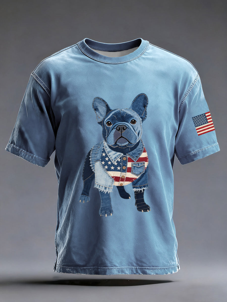 Denim Patchwork Art bouledogue français modèle lavé T-Shirt des hommes