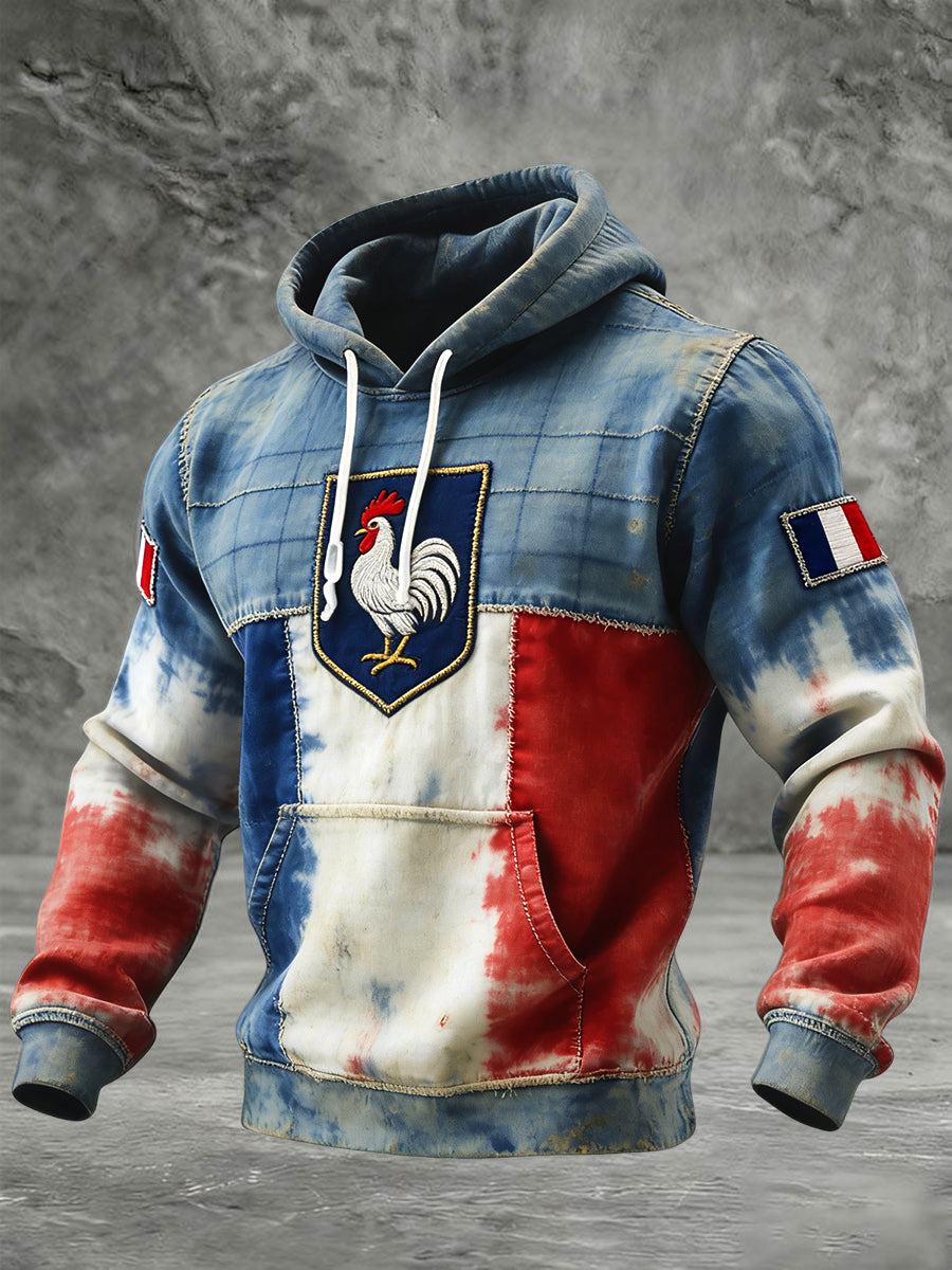 Rétro Drapeau Français Coq Patchwork Casual Waffle Hoodie