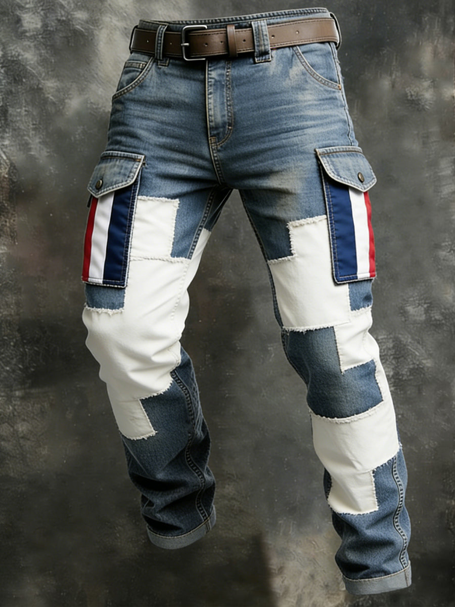 Rétro Français Coq Emblème Patchwork Pantalon De Travail Décontracté