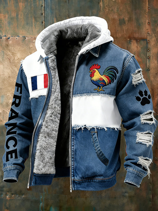 Veste à capuche doublée polaire pour homme, emblème du drapeau français vintage