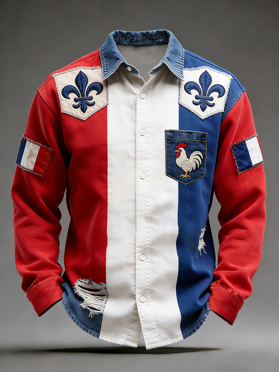 Rétro Drapeau Français Coq Patchwork Color-Block Casual Et Confortable Chemise