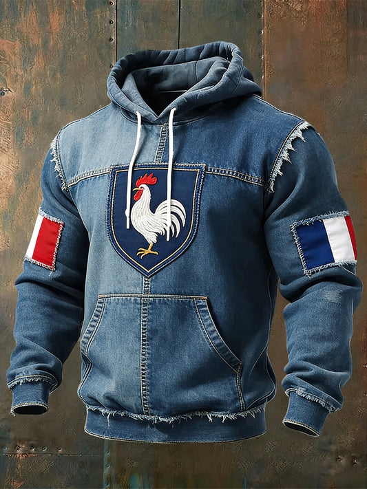 Rétro Français Coq Emblème Drapeau Patch Casual Hoodie