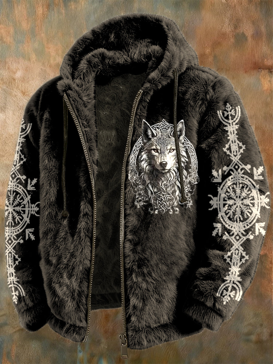 Veste à capuche à fermeture éclair en flanelle pour homme Viking Celtic Knot Wolf