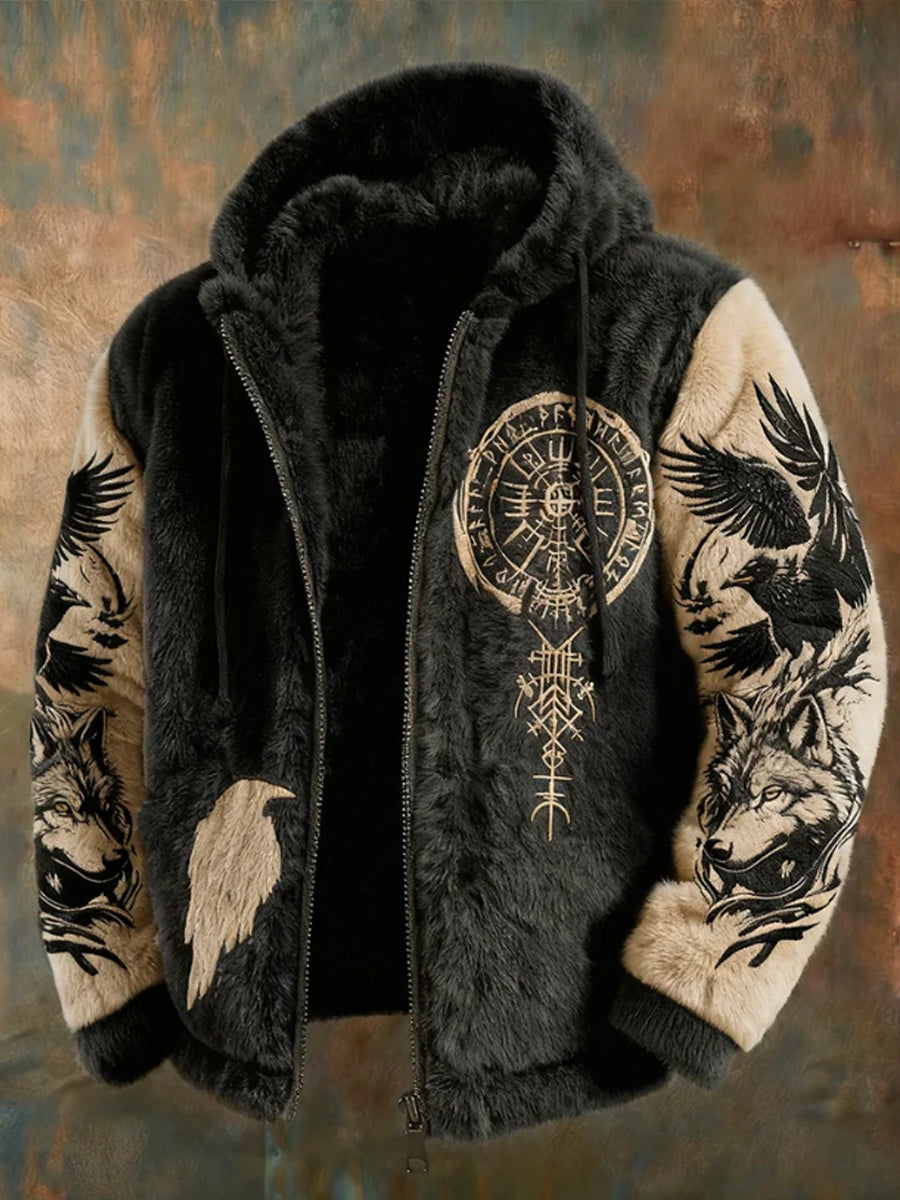 Les hommes de Viking Tribal Jacquard Crow inspiré peluche chaude zippée veste à capuche