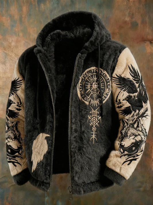 Les hommes de Viking Tribal Jacquard Crow inspiré peluche chaude zippée veste à capuche
