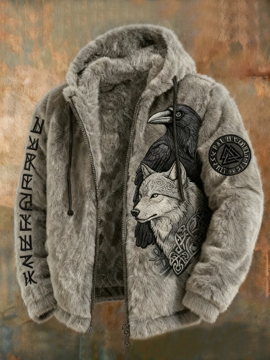 Hommes Viking Tribal Jacquard Celtique Avec Crows & Loups Inspiré En Peluche Chaud Zippé Veste À Capuche