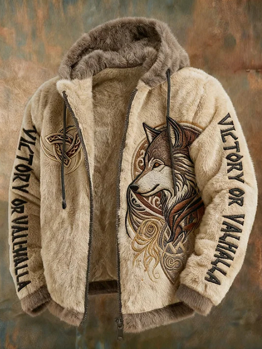 Hommes Viking Tribal Jacquard Celtique Avec Loups Inspiré En Peluche Chaud Zippée Veste À Capuche