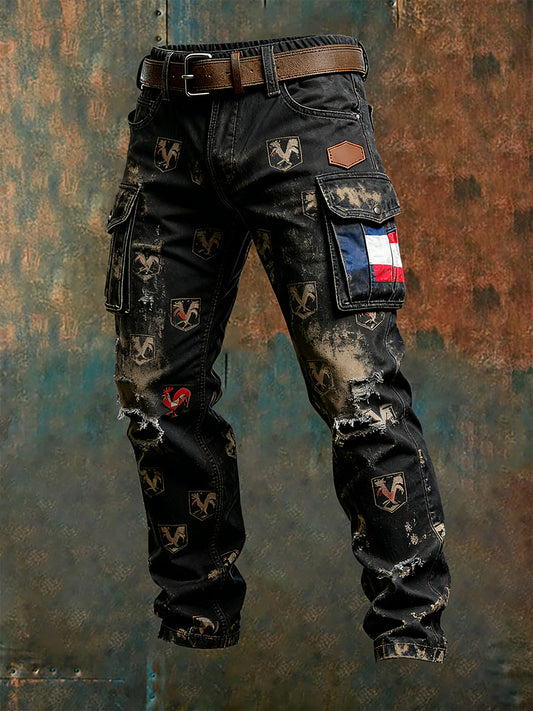 Hommes Vintage Drapeau Français Et Gallic Coq Imprimer Business Casual Pantalon De Travail