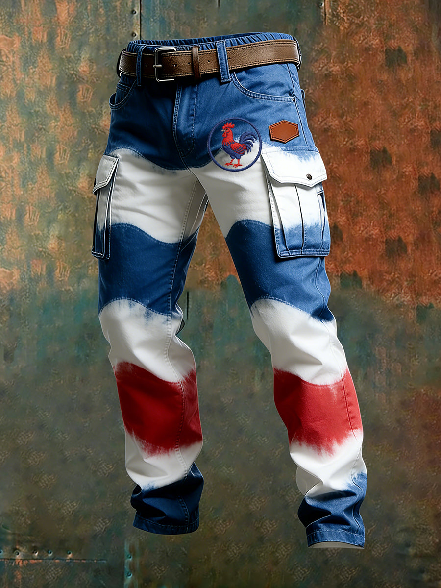 Hommes Vintage Drapeau Français Et Gallic Coq Imprimer Business Casual Pantalon De Travail